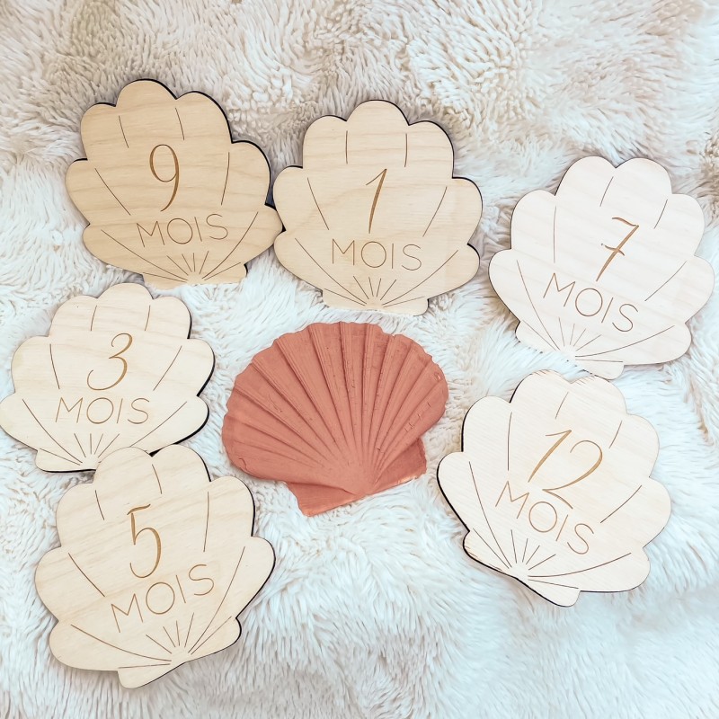 Cartes étapes bébé en bois – 1 à 12 mois – Thème coquillage