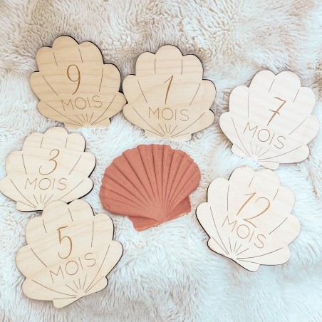 Cartes étapes bébé en bois – 1 à 12 mois – Thème coquillage