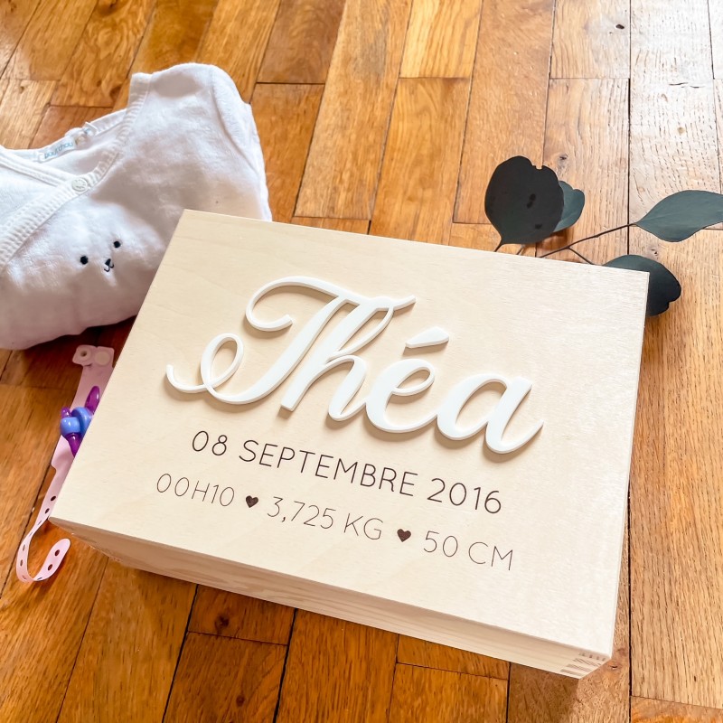 Coffret naissance personnalisé en bois – Boîte souvenirs bébé 3 compartiments