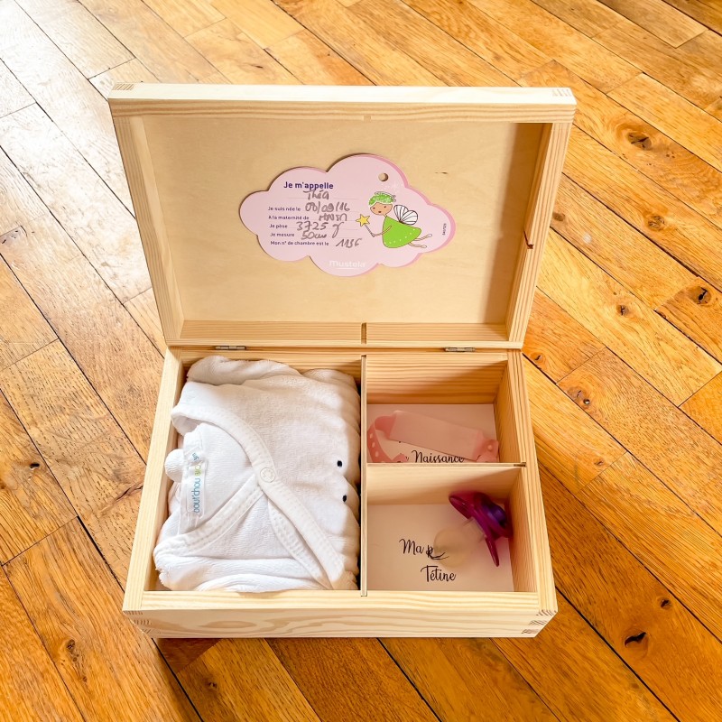 Coffret naissance personnalisé en bois – Boîte souvenirs bébé 3 compartiments