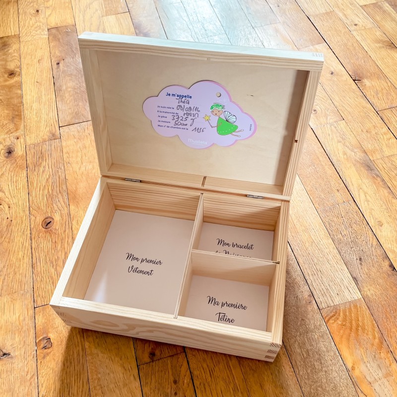 Coffret naissance personnalisé en bois – Boîte souvenirs bébé 3 compartiments