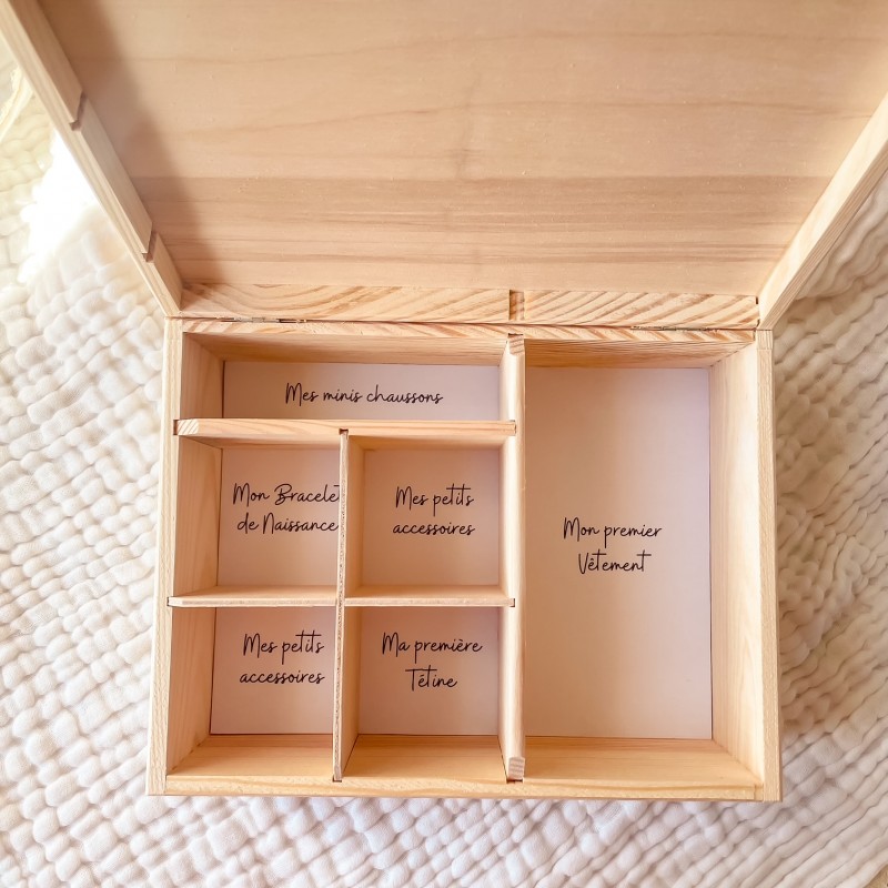 Coffret naissance personnalisé 6 compartiments – Boîte à souvenirs bébé avec prénom gravé