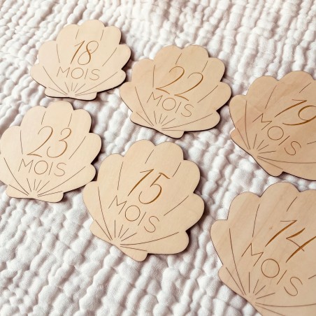 Cartes étapes bébé 2ème année en bois – Thème coquillage