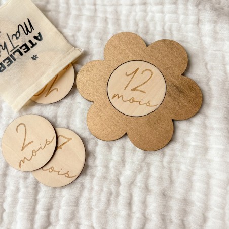 Cartes étapes bébé fleur en bois – 1 à 12 mois – Option 13 à 24 mois