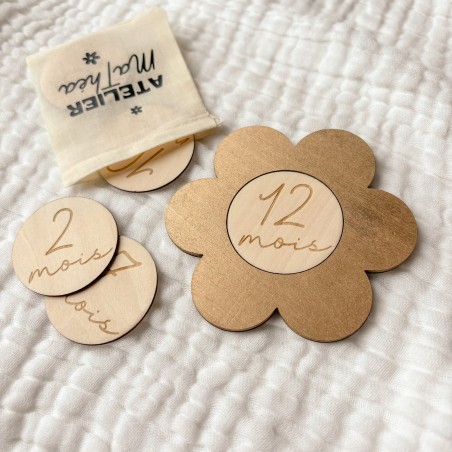 Cartes étapes bébé fleur en bois – 1 à 12 mois – Option 13 à 24 mois