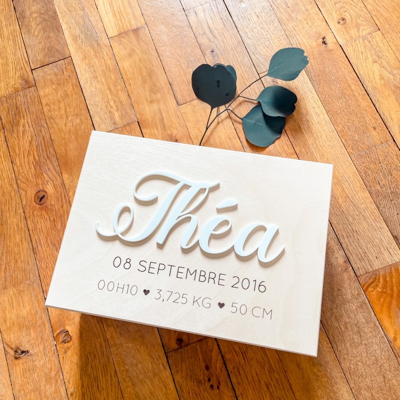 Coffret naissance personnalisé en bois – Boîte souvenirs bébé 5 compartiments