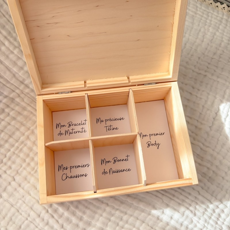 Coffret naissance personnalisé en bois – Boîte souvenirs bébé 5 compartiments
