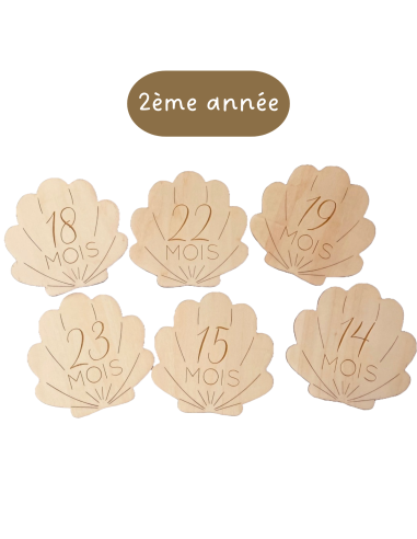 Cartes étapes bébé 2ème année en bois – Thème coquillage