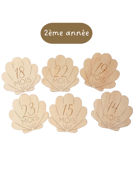 Cartes étapes bébé 2ème année en bois – Thème coquillage