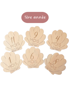 Cartes étapes bébé en bois – 1 à 12 mois – Thème coquillage