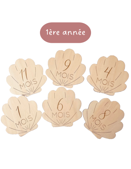 Cartes étapes bébé en bois – 1 à 12 mois – Thème coquillage