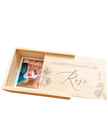Coffret photo personnalisé en bois – Boîte à souvenirs avec couvercle coulissant gravé