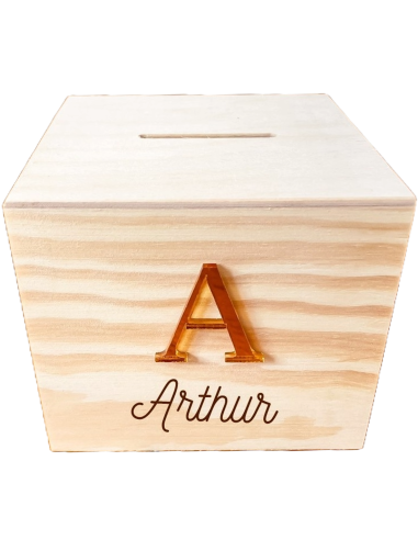 Tirelire enfant personnalisée en bois avec initiale en acrylique