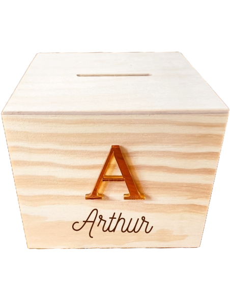 Tirelire enfant personnalisée en bois avec initiale en acrylique