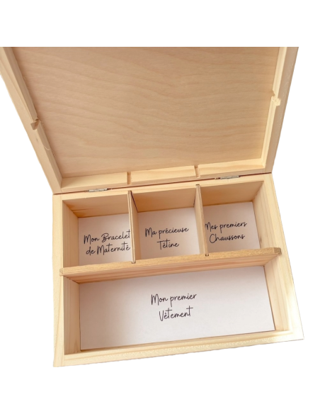 Coffret naissance personnalisé en bois – Boîte souvenirs bébé 4 compartiments