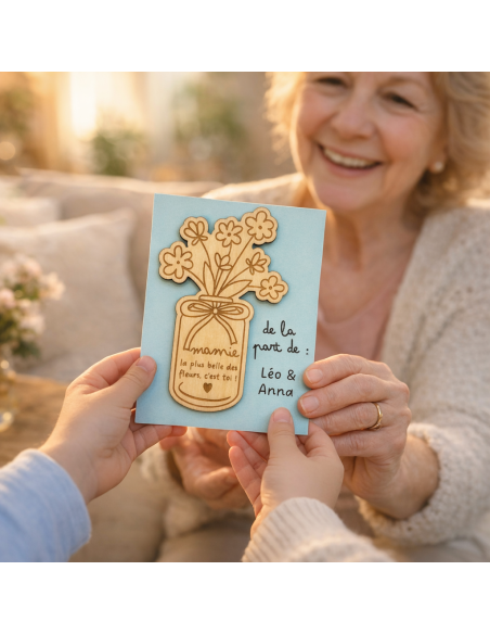 Aimant Mamie en bois – Cadeau Fête des Grands-Mères avec message tendre et carte à signer
