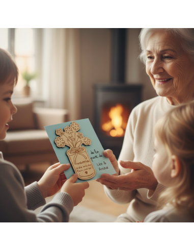 Aimant Mamie en bois – Cadeau Fête des Grands-Mères avec message tendre et carte à signer