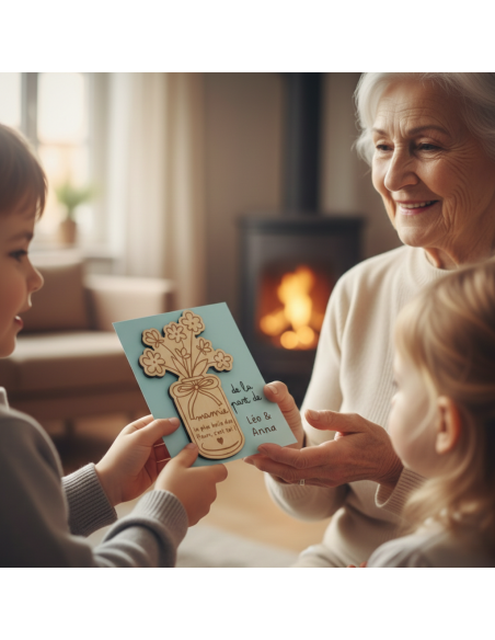 Aimant Mamie en bois – Cadeau Fête des Grands-Mères avec message tendre et carte à signer